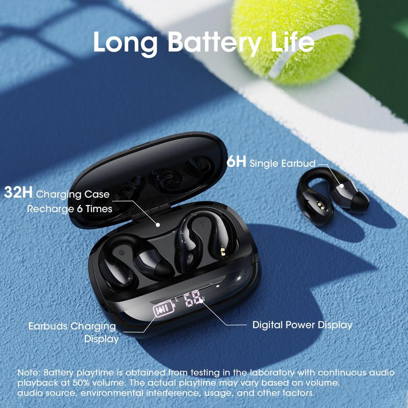 Open Ear Wireless Earbuds, Bluetooth 5.4 Clip on Earbuds with Mic, Open Ear Headphones with Charging Case LED Display, 44H Play, IP54 Waterproof, Lightweight Comfort for Running Sport Workout