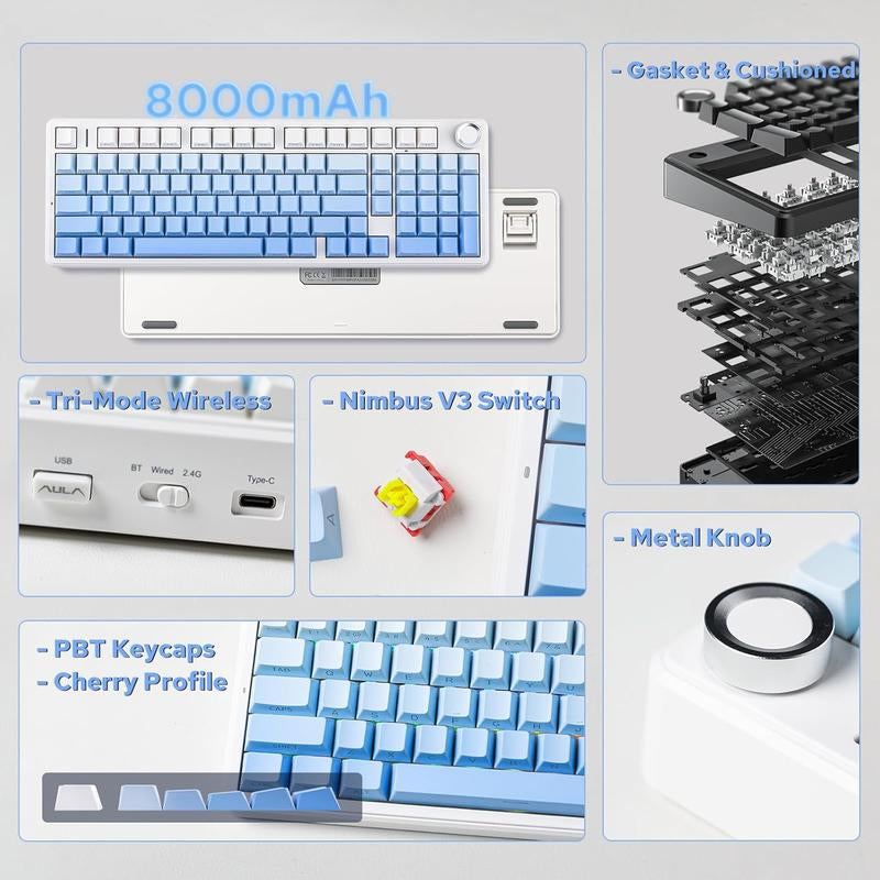 Aula F99 PRO 96% Mechanical Keyboard, Bt5.0/Usb-C/2.4Ghz Wireless Gaming Keyboard, Knob, RGB Backlits for Win/Mac, Hot Swappable Gasket Custom Keyboard with 8000Mah Battery