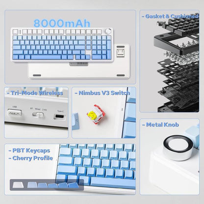 Aula F99 PRO 96% Mechanical Keyboard, Bt5.0/Usb-C/2.4Ghz Wireless Gaming Keyboard, Knob, RGB Backlits for Win/Mac, Hot Swappable Gasket Custom Keyboard with 8000Mah Battery