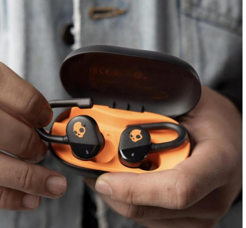 Skullcandy Push Play Active In-Ear Wireless Earbuds, 34 Hr Battery, Stay-Aware Mode, Microphone, Bluetooth Devices - True Black/Orange