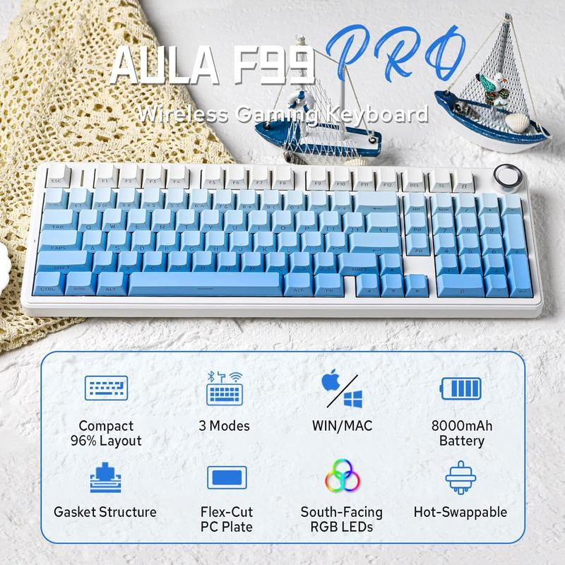 Aula F99 PRO 96% Mechanical Keyboard, Bt5.0/Usb-C/2.4Ghz Wireless Gaming Keyboard, Knob, RGB Backlits for Win/Mac, Hot Swappable Gasket Custom Keyboard with 8000Mah Battery