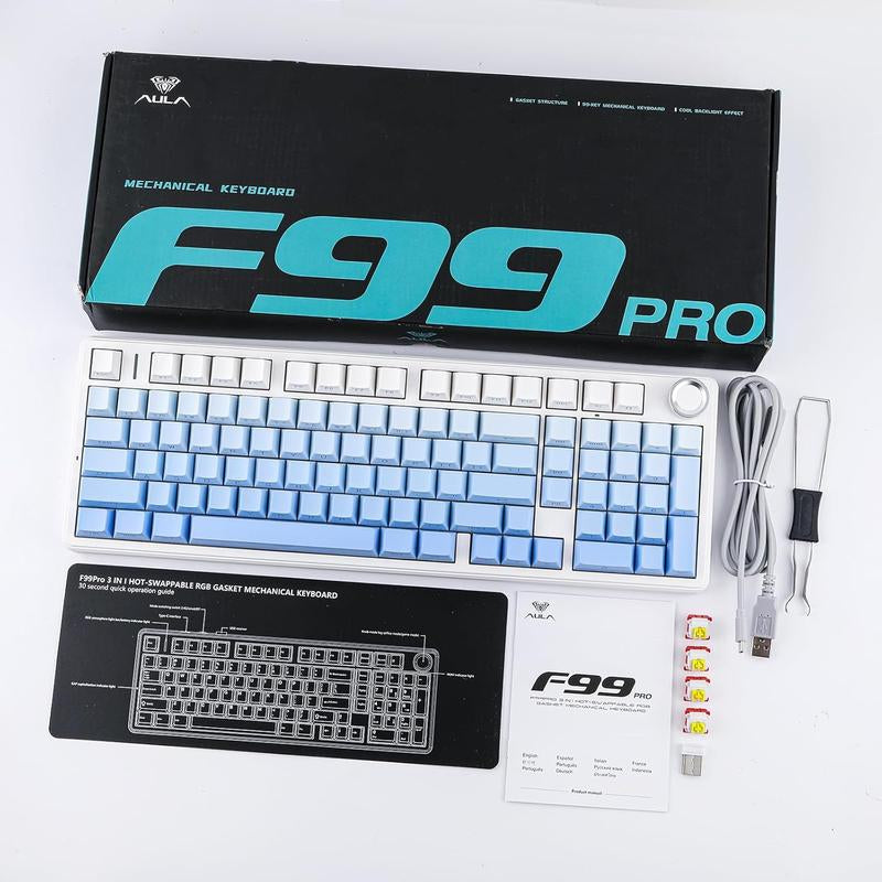 Aula F99 PRO 96% Mechanical Keyboard, Bt5.0/Usb-C/2.4Ghz Wireless Gaming Keyboard, Knob, RGB Backlits for Win/Mac, Hot Swappable Gasket Custom Keyboard with 8000Mah Battery