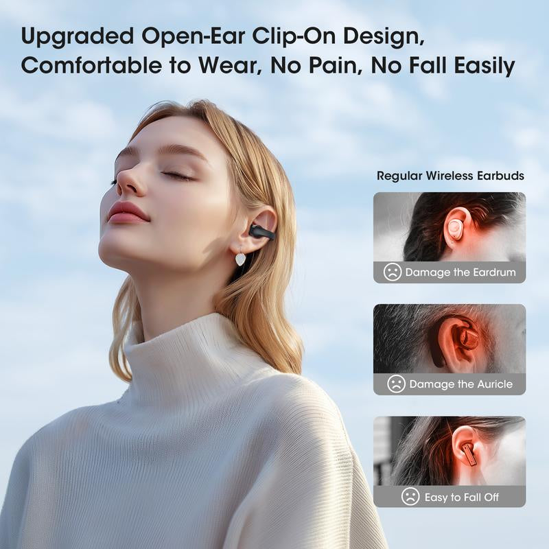 Open Ear Wireless Earbuds, Bluetooth 5.4 Clip on Earbuds with Mic, Open Ear Headphones with Charging Case LED Display, 44H Play, IP54 Waterproof, Lightweight Comfort for Running Sport Workout
